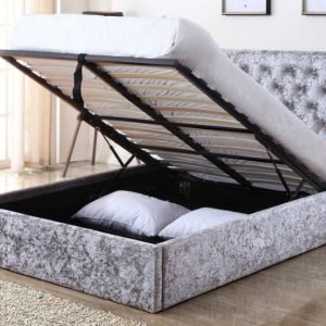 Heartlands Furniture Yasmin Crushed Velvet Silver Ottoman 4' 6 Double Ottoman Bed Image0 Image