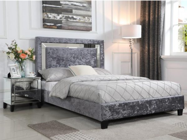 Heartlands Furniture Augustina Crushed Velvet Bed with Mirror 4' 6 Double Silver Fabric Bed Image0 Image