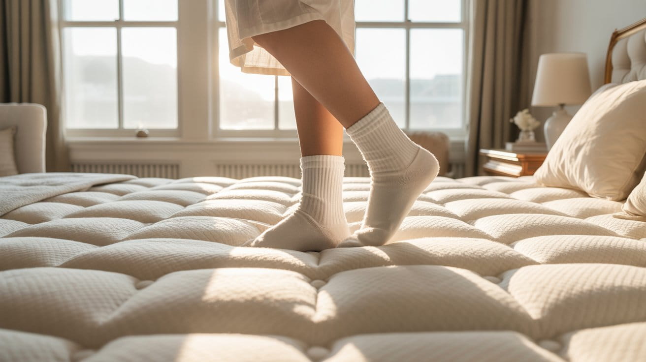 Breaking_in_a_new_mattress_by_walking_on_it_to_soften_firm_foam